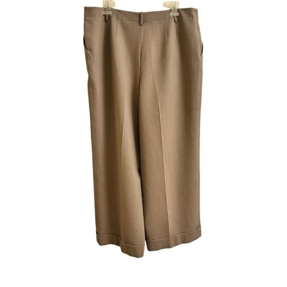 Lafayette 148 Pleat Front Cuffed Cropped Pants Virgin Wool Blend Tan Size 14